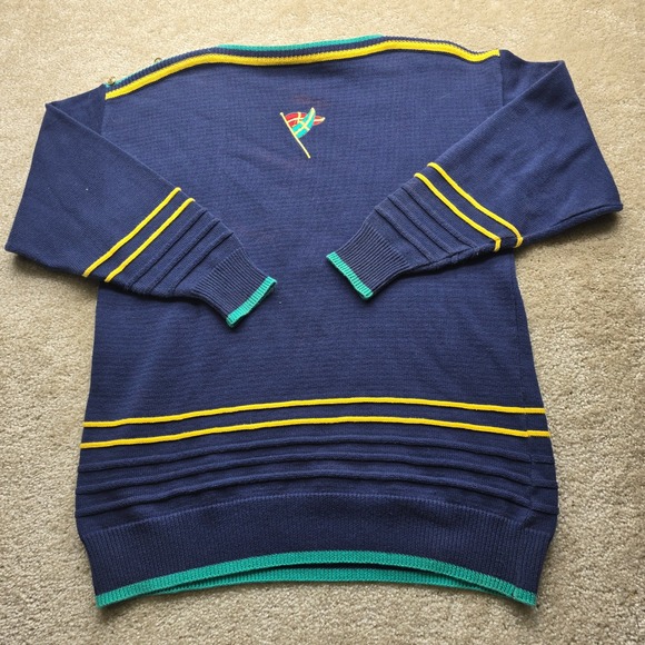 Nautica Mens Navy Blue Nautical Sweater Anchor Life Preserver Flags Size L - Picture 5 of 10